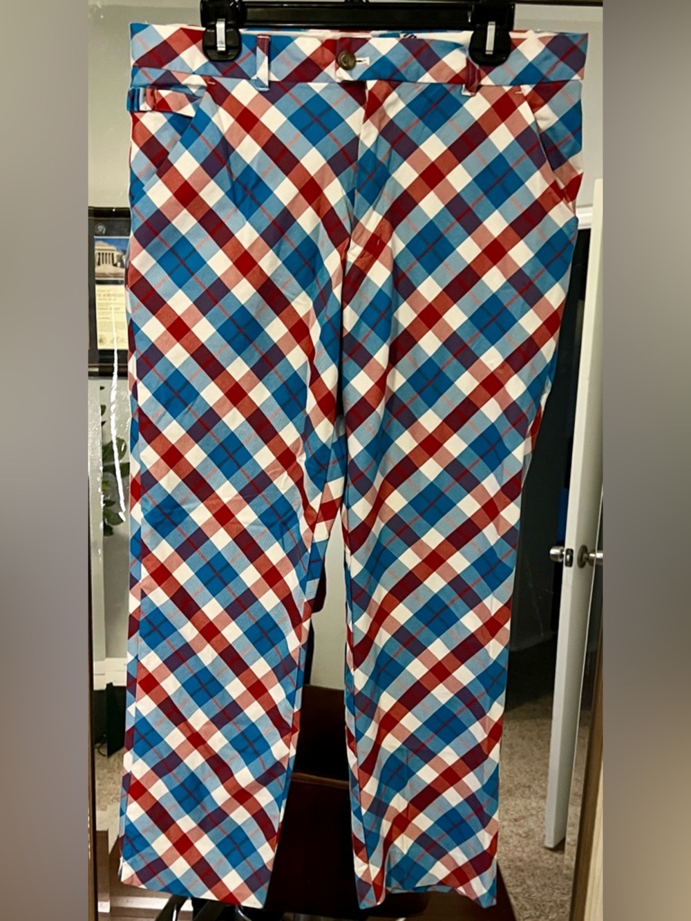 Royal & Awesome Mens Golf Pants Red White Blue Plaid Tartan Trousers 34x30